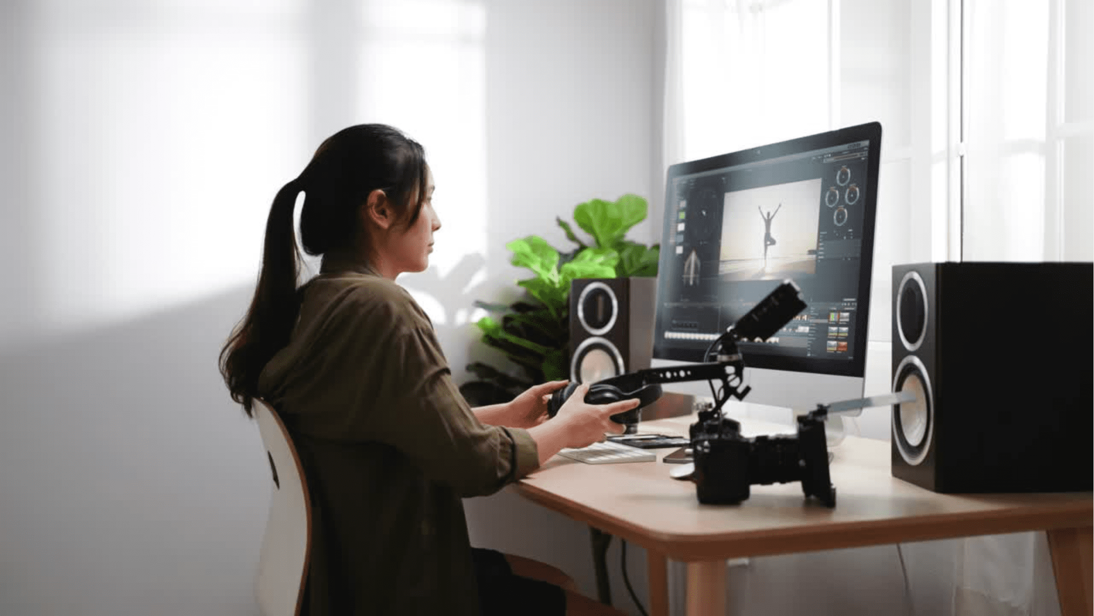 A photo of a woman sitting at a computer desk, holding headphones, doing post-production work.